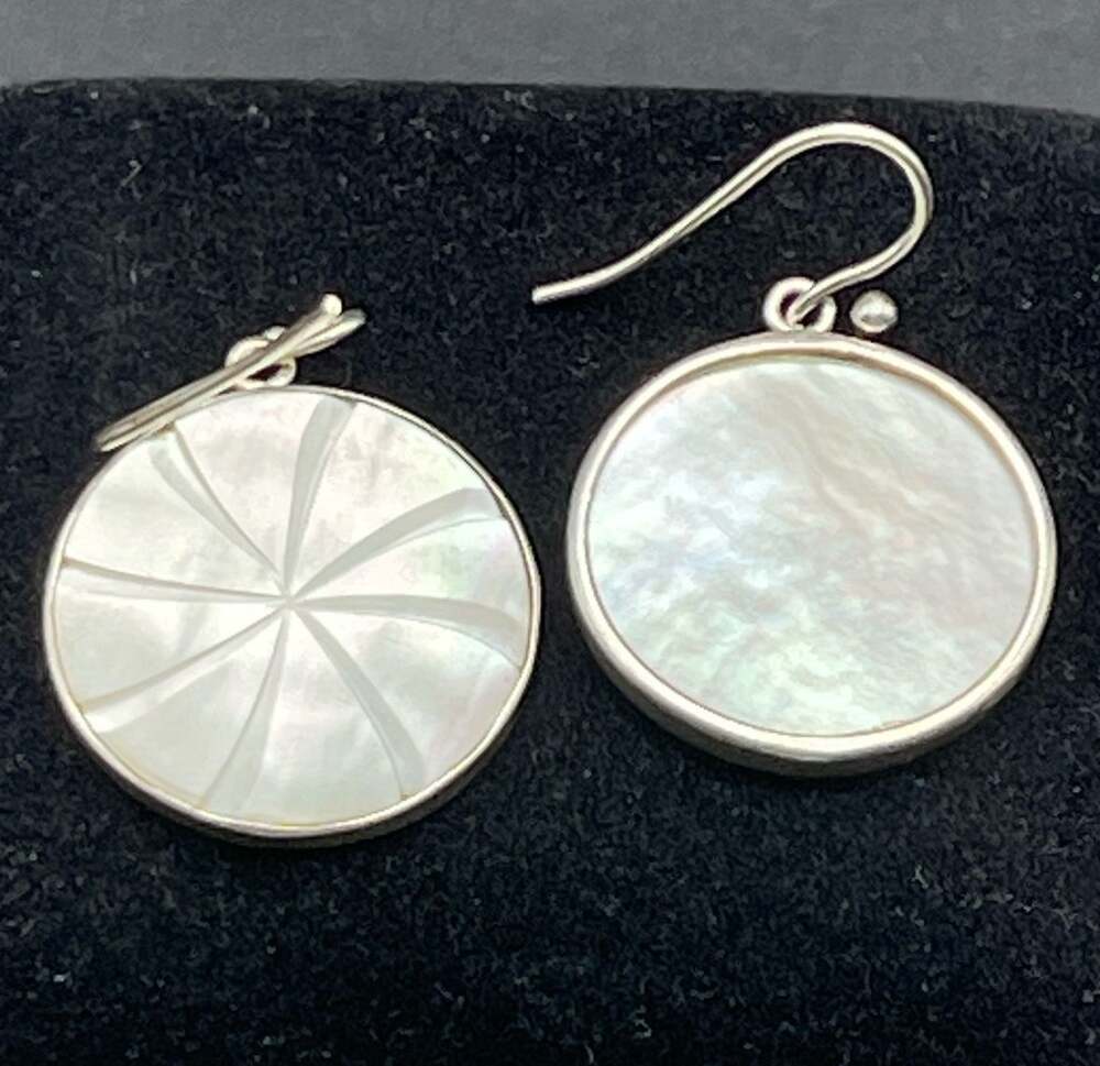 Hand Carved Mother of Pearl Round Drop Earrings 925 Stamped French Ear Wires